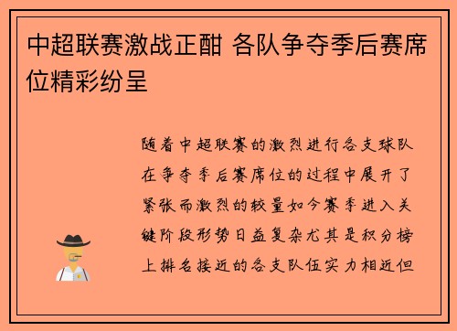 中超联赛激战正酣 各队争夺季后赛席位精彩纷呈