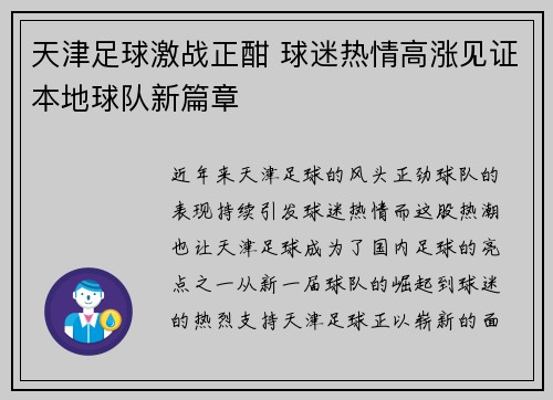 天津足球激战正酣 球迷热情高涨见证本地球队新篇章