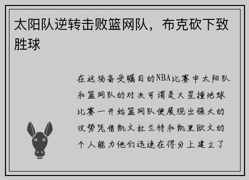 太阳队逆转击败篮网队，布克砍下致胜球